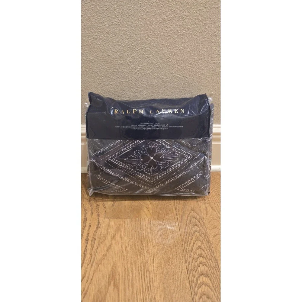 Ralph Lauren Francois Full Queen Duvet Cover Navy Blue Geometric Cotton NIP